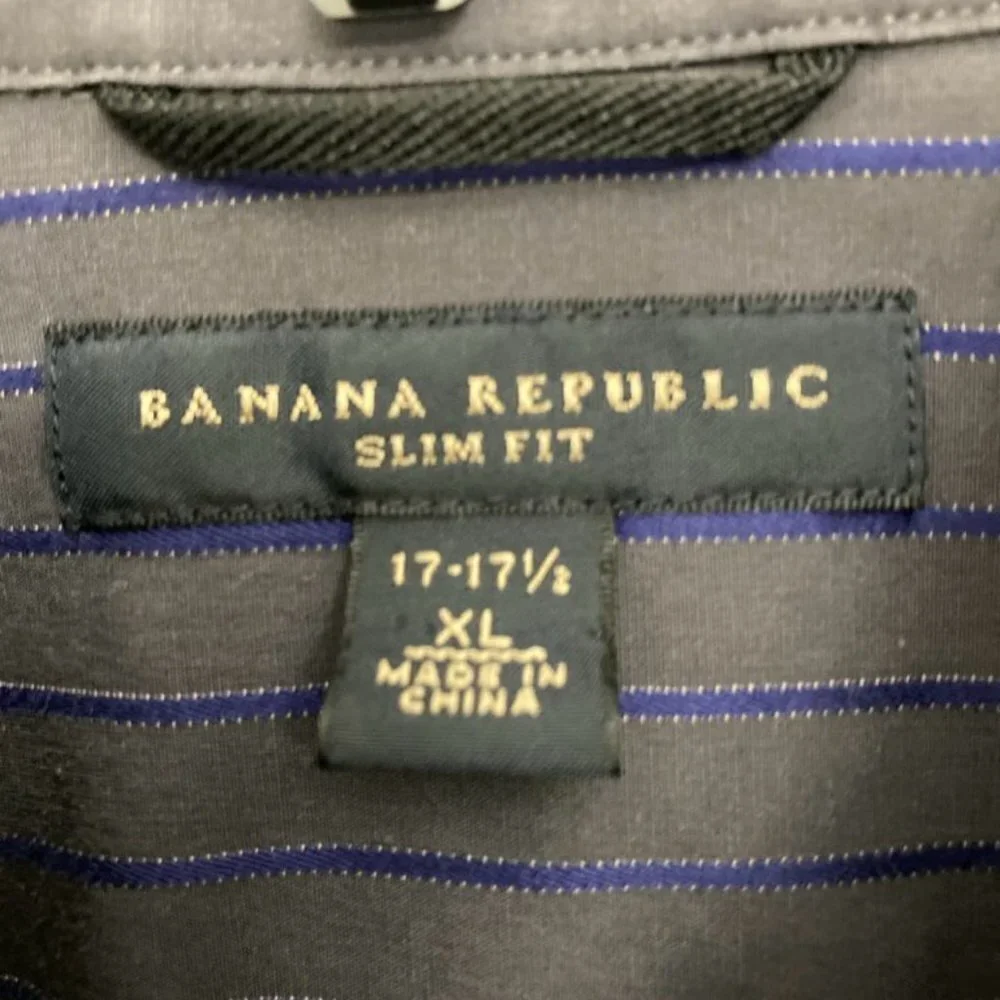 Banana Republic Shirt‎ Men's XL 17/17.5 Slim Fit Dark Gray w/ Blue Stripe